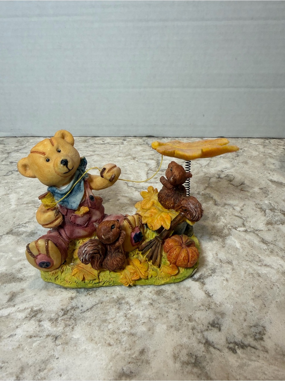 Autumn Bear and Squirrel Figurine with Leaf Canopy - Yellow, Brown, Orange